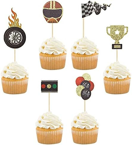 Gyufise 24 Pack Race Car Cupcake Toppers for Boy Birthday Racing Car Theme Trophy Flag Wheel Fruit P | Amazon (US)