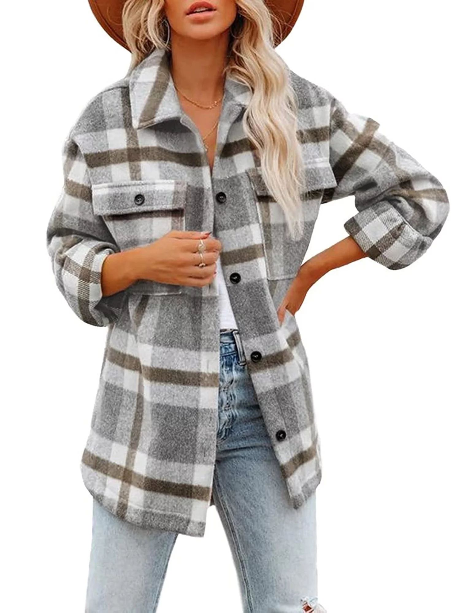 Women's Flannel Plaid Button Down Jacket Chest Pocketed Shirts Coats Shacket Outerwear | Walmart (US)