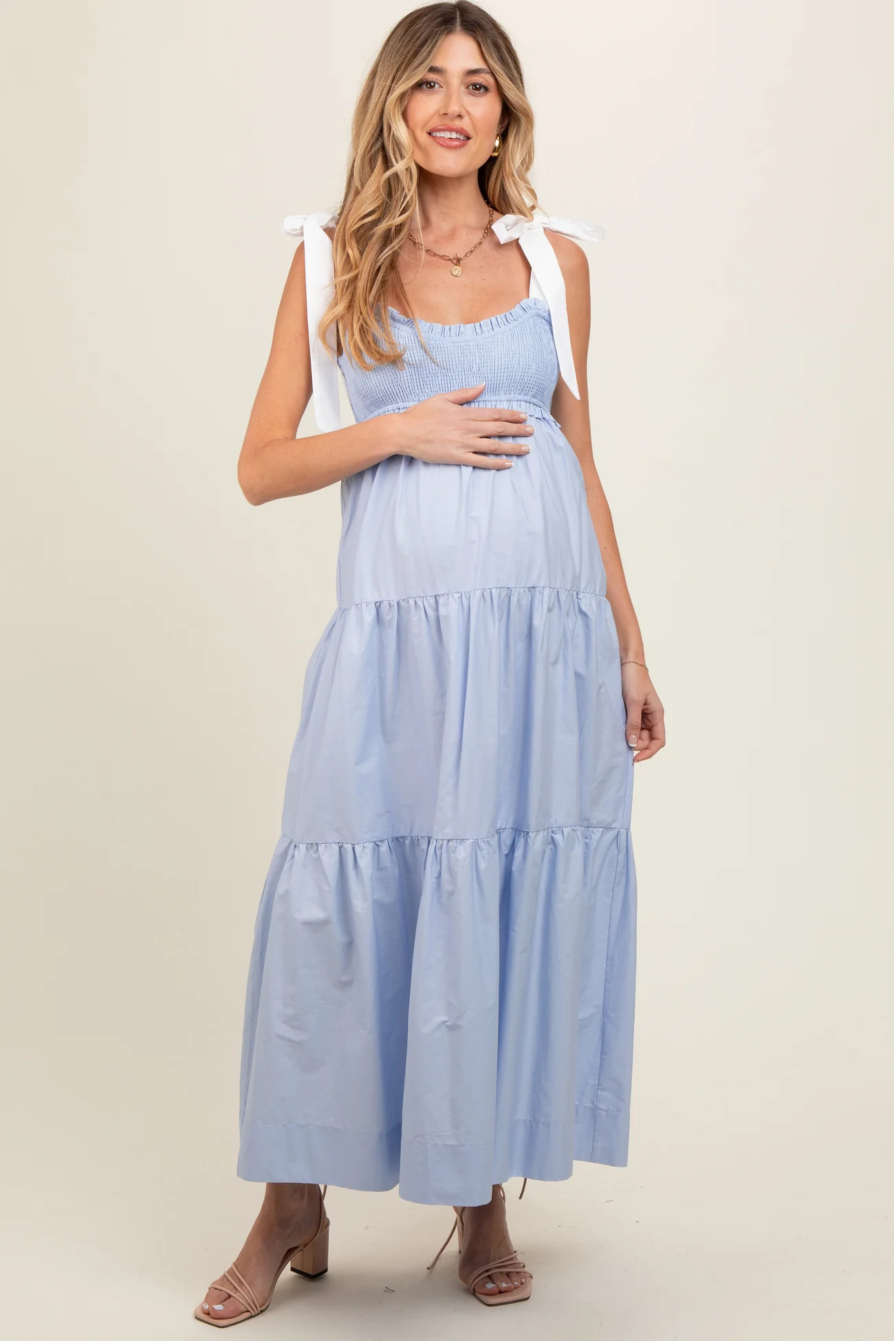 Light Blue Contrast Shoulder Straps Maternity Maxi Dress | PinkBlush Maternity