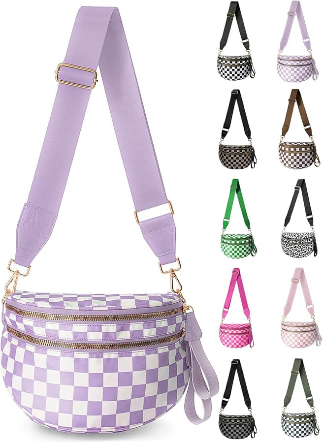 Checkered Nylon Crossbody Bag for Women, Spacious Checkered Bum Bag Purse Shoulder Bag Sling Bag ... | Amazon (US)