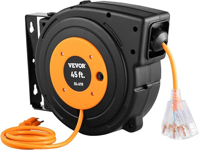VEVOR Retractable Extension Cord Reel, 45 FT, Heavy Duty 12AWG/3C SJTOW Power Cord, with Lighted ... | Amazon (US)