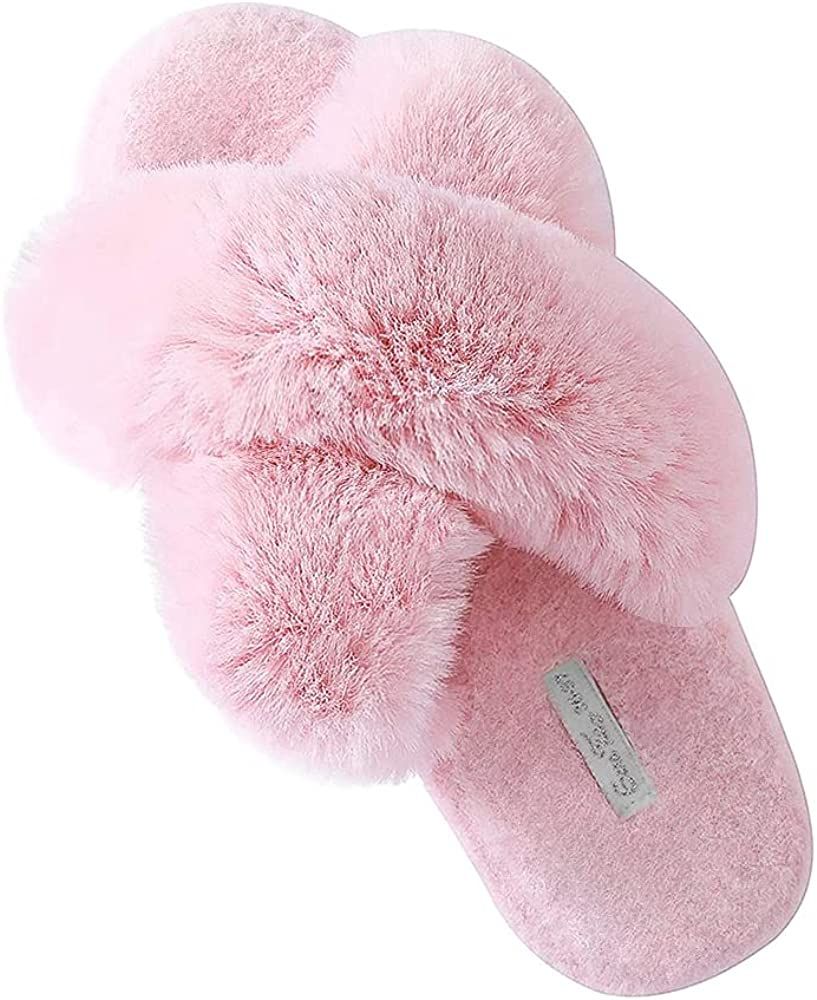 GaraTia Women Open Toe Slippers Plush Cross Band Fleece Fluffy Memory Foam House Shoes | Amazon (US)