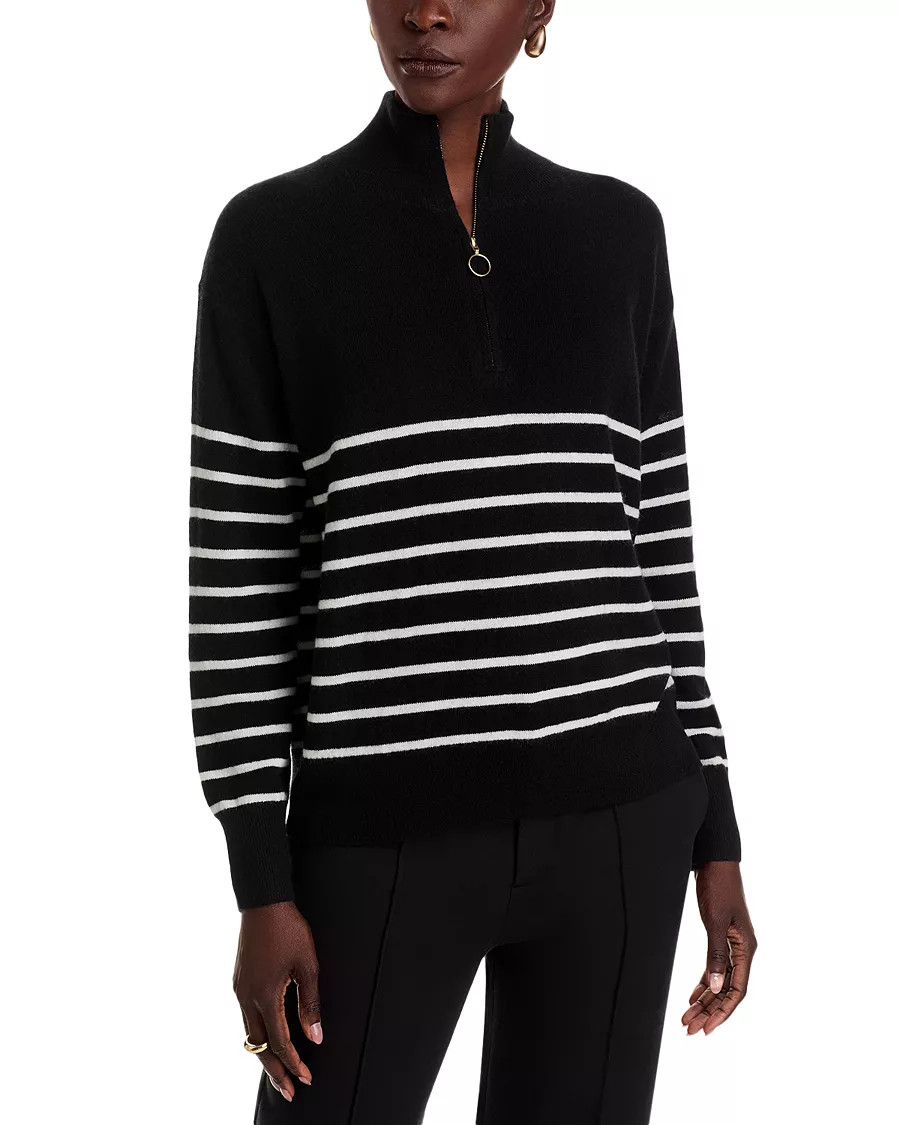 100% Cashmere Mock Neck Quarter Zip Striped Sweater - Exclusive | Bloomingdale's (US)