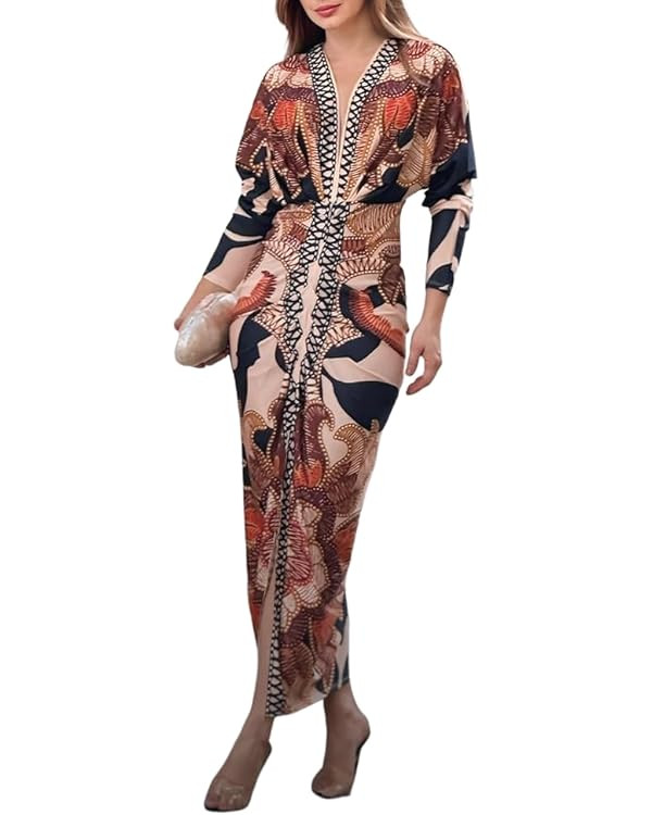 CHICME Women's Bodycon Long Sleeve Dress Casual Plunge V Neck Ruched Midi Dress 2025 Fall Bodycon... | Amazon (US)