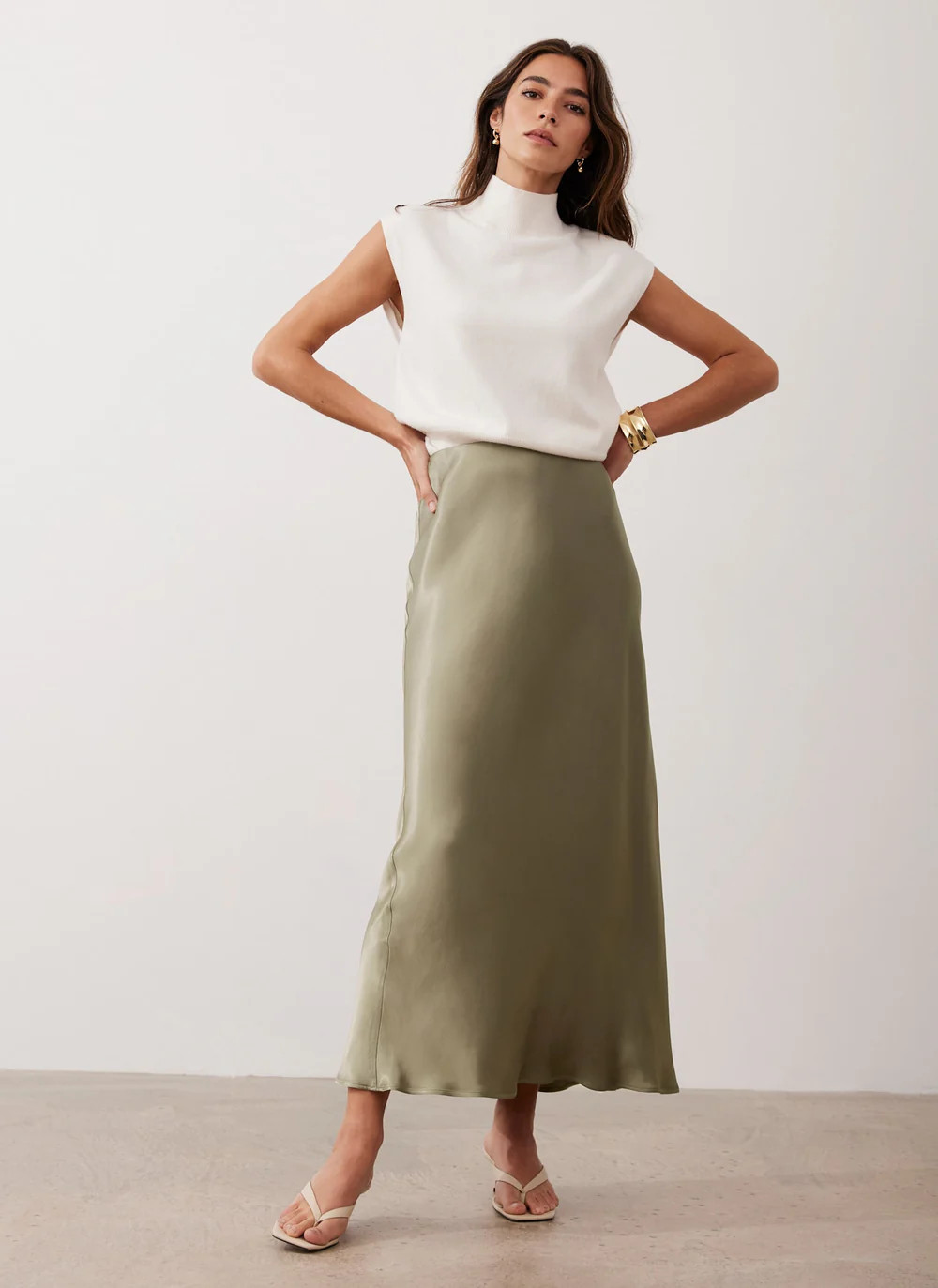 Khaki Satin Slip Midi Skirt | Mint Velvet