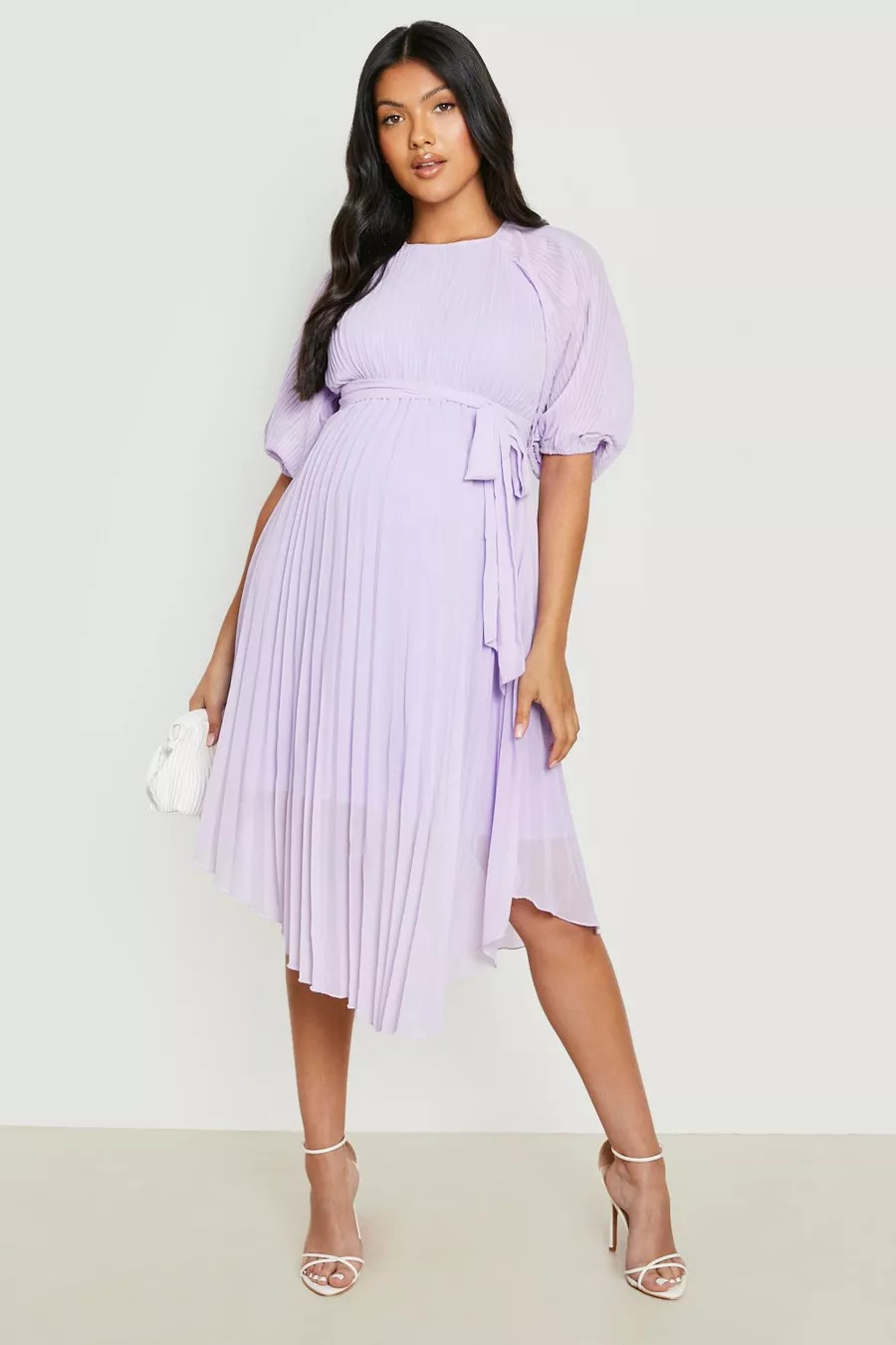 Maternity Tie Waist Pleated Puff Sleeve Midi Dress | Boohoo.com (US & CA)