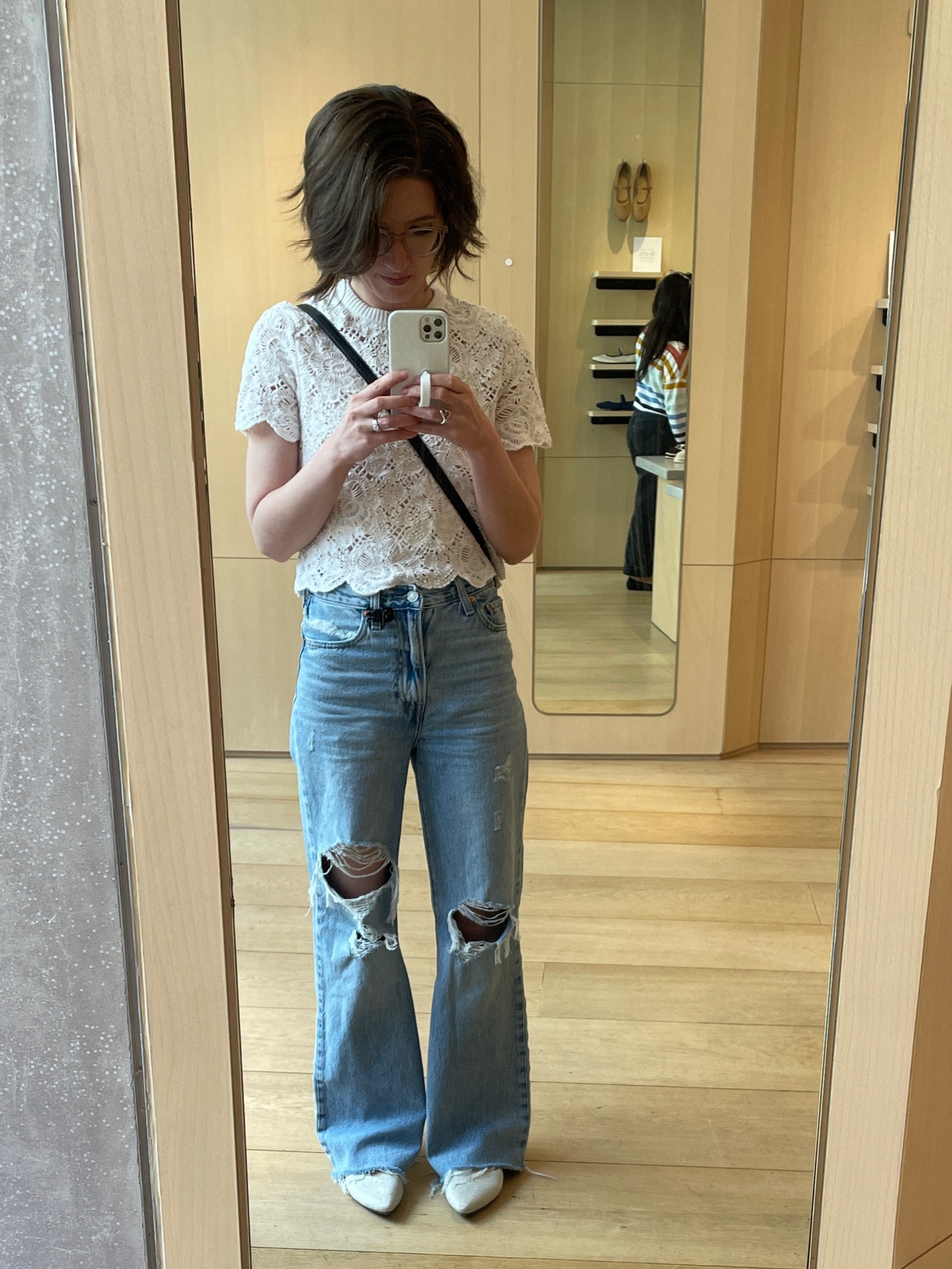 Rothy’s: size up 1/2 size. They’re supposed to feel big, but not slip off. They shrink to your foot with wear. 
Crocheted top: TTS
Levi’s ribcage wide leg jeans: TTS. Wearing the regular length but cut off about an inch

#LTKStyleTip #LTKShoeCrush #LTKSaleAlert