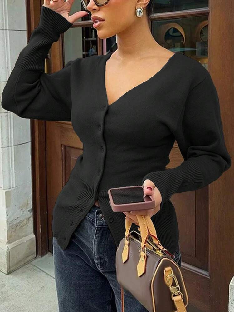 For Love & Bella Women Plus Size Sexy Elegant Deep V-Neck Solid Brown Knit Cardigan, Fitted Minimalist Front Button Knit Sweater, Autumn/Winter Outfit Black | SHEIN