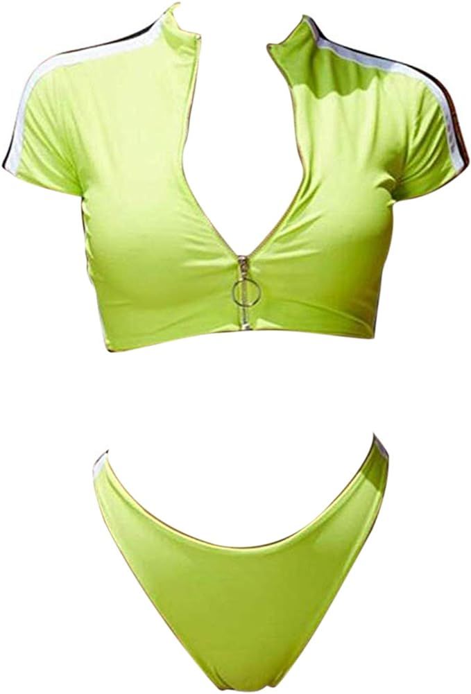 TSWRK Women's Rash Guard Short Sleeve High Waist 2 Piece Sporty Bikini Bathing Suits | Amazon (US)