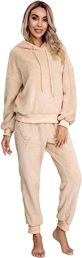 SIAEAMRG Womens Fuzzy Sherpa Fleece Pajamas Set, Long Sleeve Hoodies Pajama Pants 2 Piece Outfits... | Amazon (US)