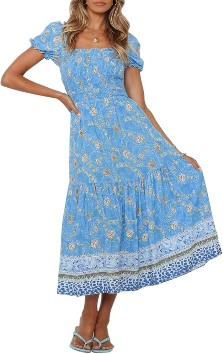 ZESICA Women's Summer Boho Floral Print Square Neck Ruffle Swing Beach Long Maxi Dress | Amazon (US)