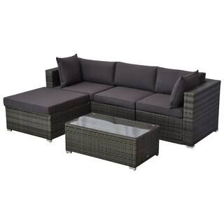 Grey 5-Piece Plastic Wicker Rattan Patio Conversation Set with Grey Cushions | The Home Depot