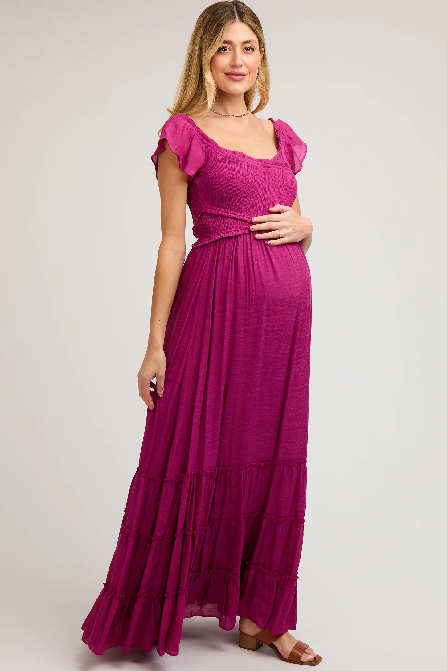 Violet Smocked Crossover Off Shoulder Maternity Maxi Dress | PinkBlush Maternity
