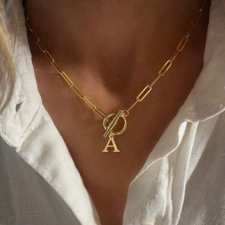 1pc Initial Pendant Stainless Steel Toggle Clasps Paperclip Chain Choker Necklace For Women | SHEIN