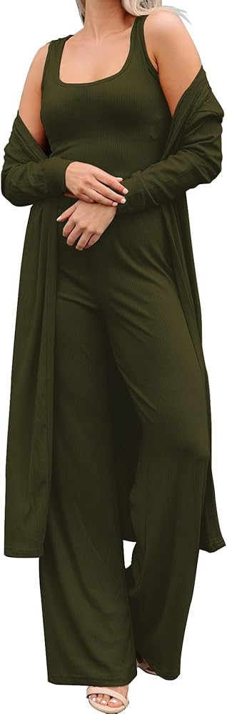 SWOMOG Women's 3 Piece Matching Set Ribbed Knit Lounge Sets Tank Cardigan and Pants Pajamas Loung... | Amazon (US)