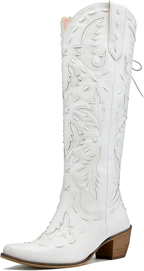 Meefit Lace Up Cowboy Boots for Women Knee High Cowgirl Boots Pointed Snip Toe Wide Calf Western ... | Amazon (US)