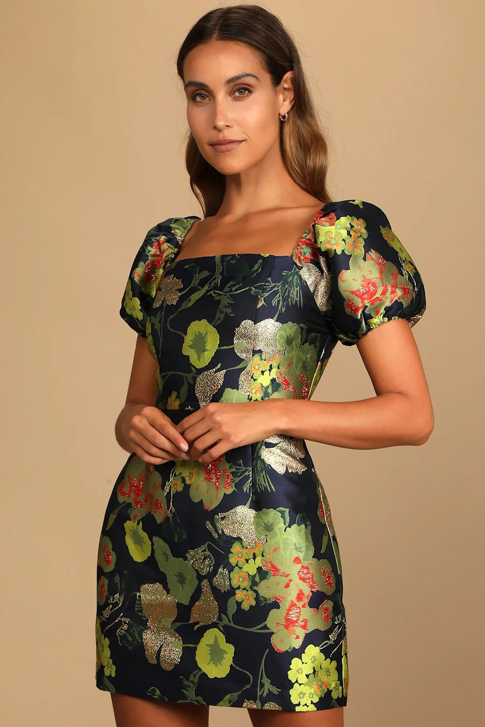 So Stunning Navy Blue Floral Jacquard Puff Sleeve Mini Dress | Lulus (US)