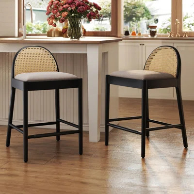 Modern Bar Stools Upholstered Counter Stools With Rattan Backrests And Wood Legs Kitchen Stools For Island | Wayfair North America