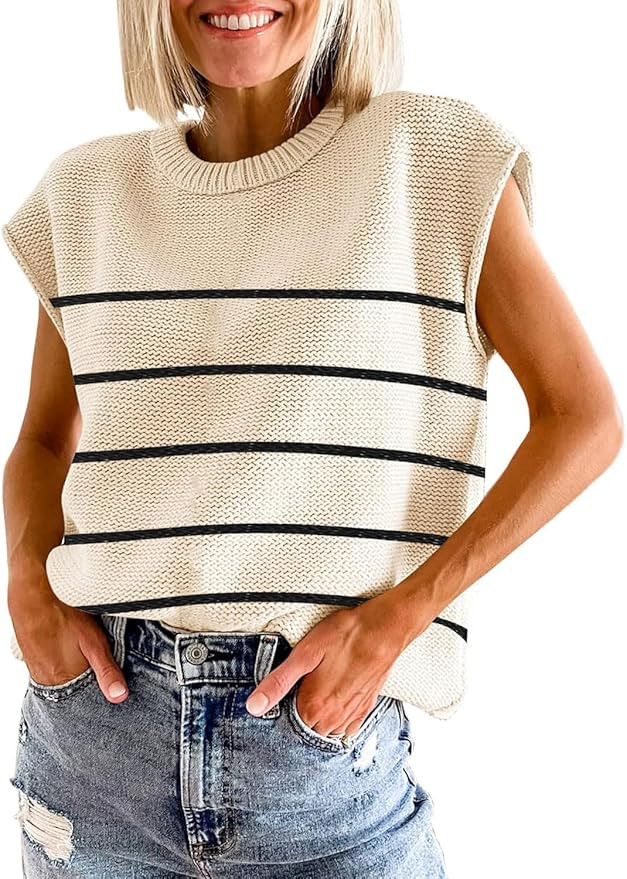 Womens Summer Sweater Vest Cap Sleeve Crew Neck Casual Loose Fit Knit Lightweight Pullover Tank T... | Amazon (US)
