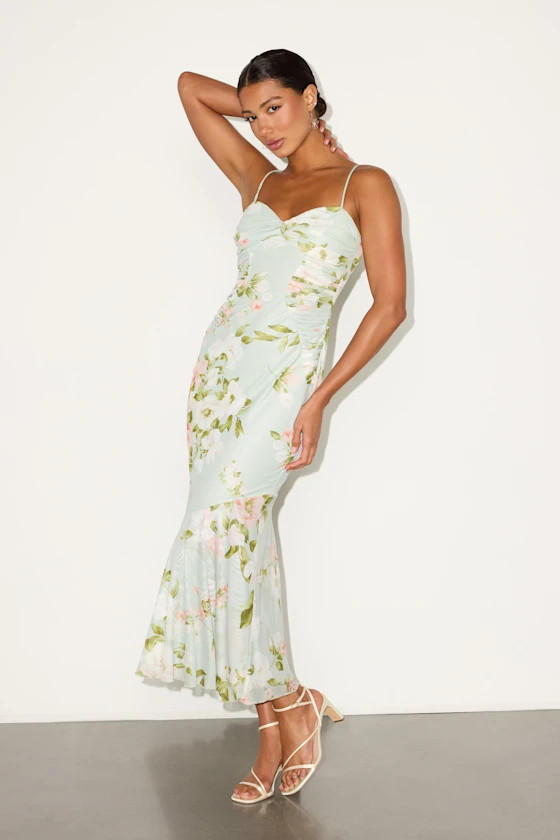 Giorgina Sage Floral Mesh Gathered Trumpet Midi Dress | Lulus