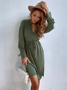 Notched Split Hem Tie Front Tunic Dress | SHEIN