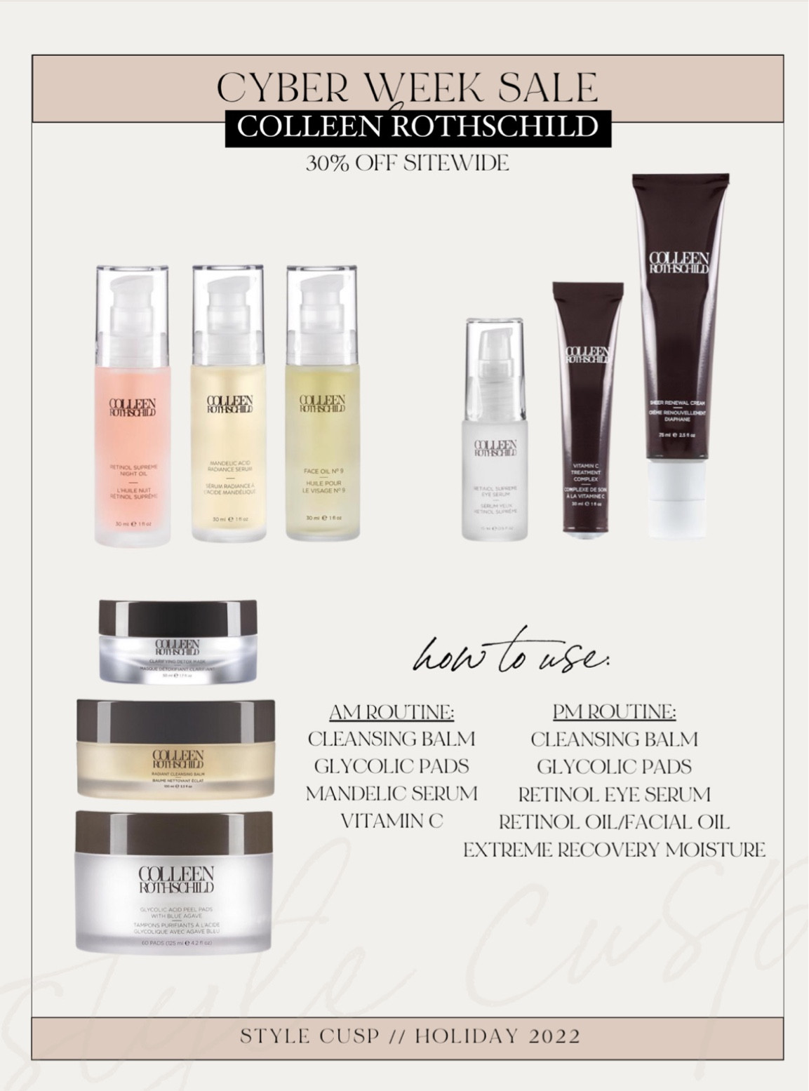 COLLEEN ROTHSCHILD SKINCARE 30% off use code BF22 

#LTKbeauty #LTKsalealert #LTKCyberweek