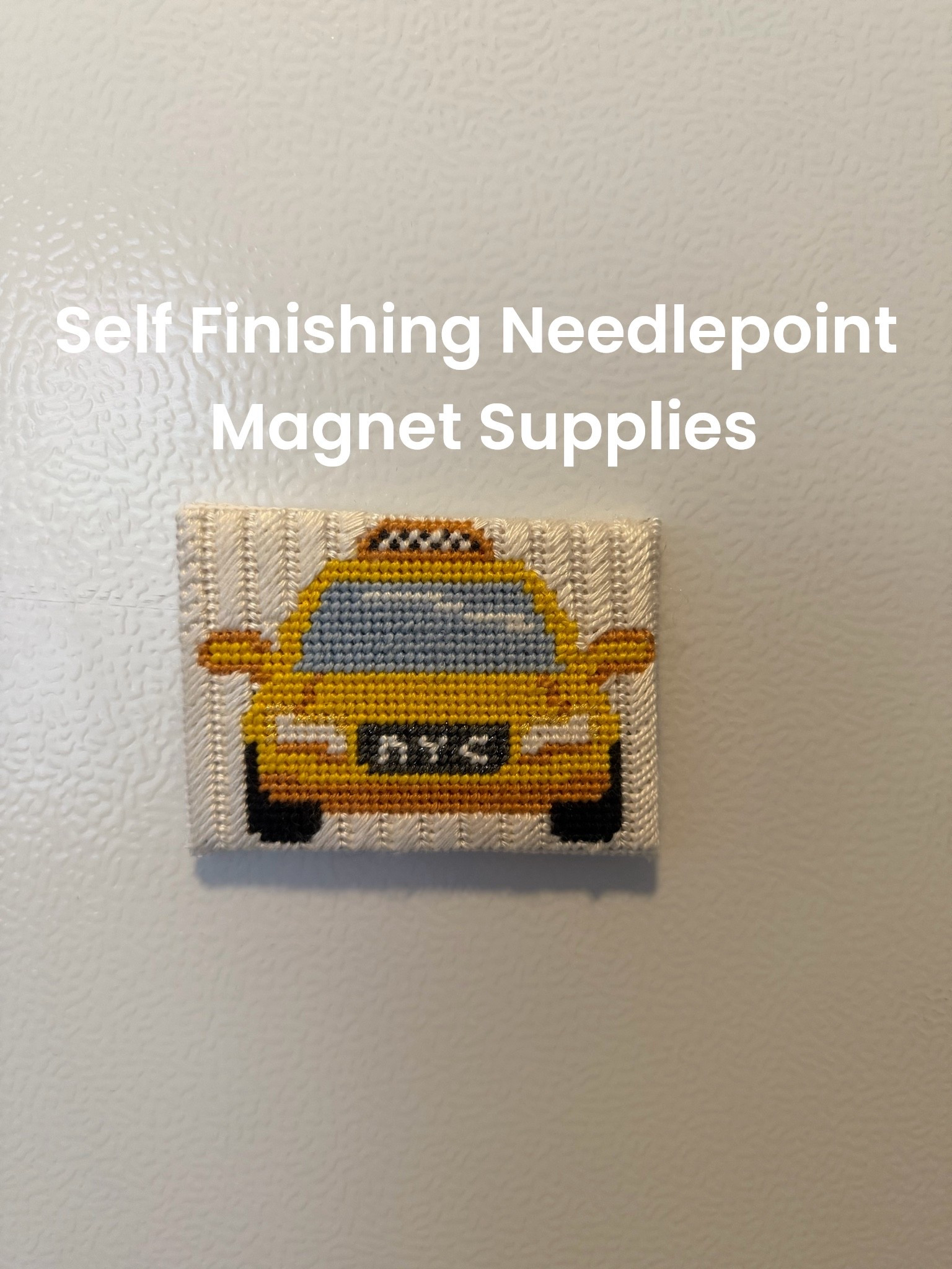 All the supplies you need for a lazy girl guide to self finishing a needlepoint magnet!