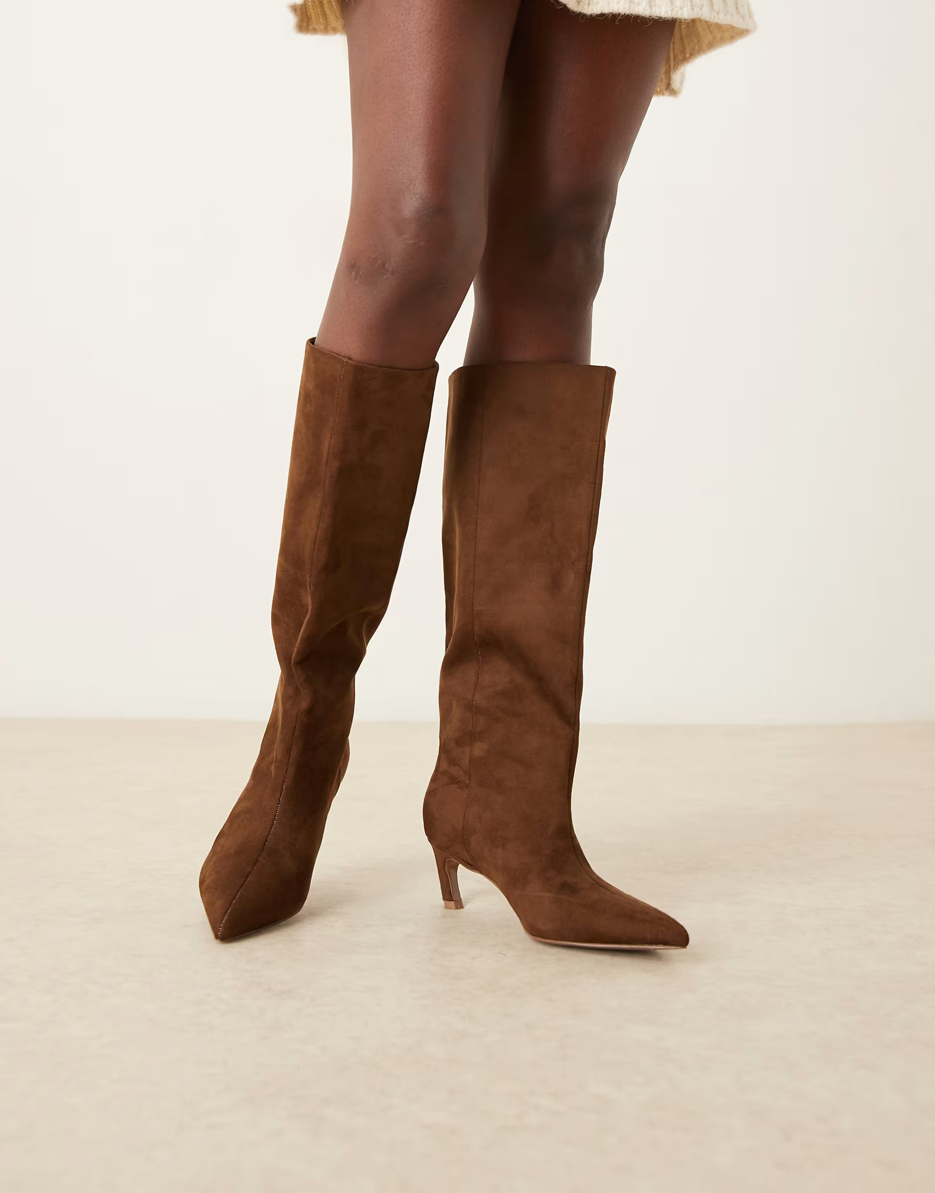ASOS DESIGN Carmel pull-on kitten heeled knee boots in chocolate suedette | ASOS | ASOS (Global)