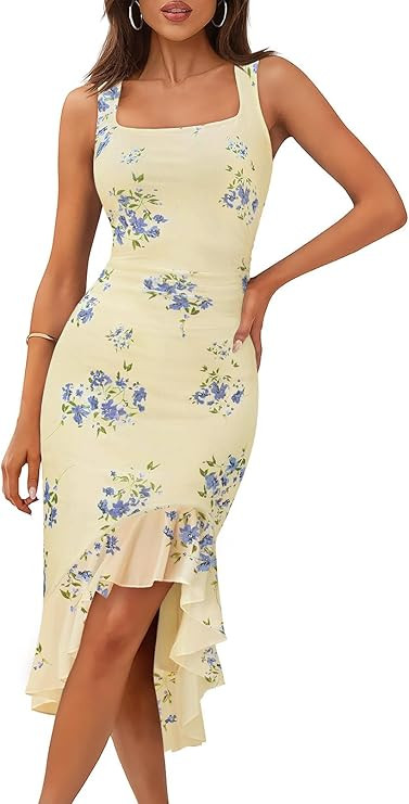 MEROKEETY Women's 2026 Summer Floral Bodycon Dress Square Neck Sleeveless Ruffle Cocktail Mesh Be... | Amazon (US)