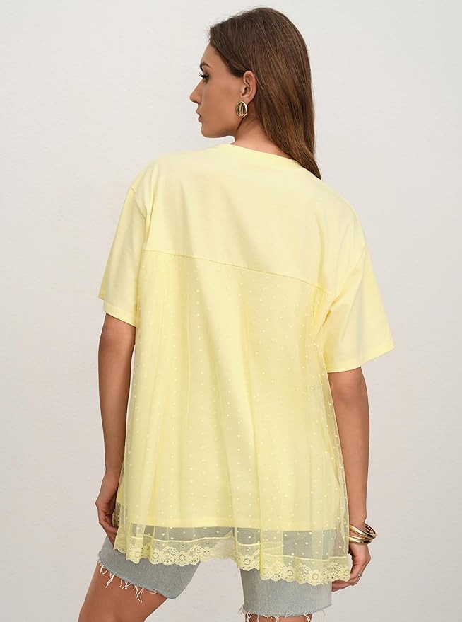 CSDAJIO Trendy Crew Neck Oversized T Shirts for Women Short Sleeve Loose Graphic Tee Summer Lace ... | Amazon (US)