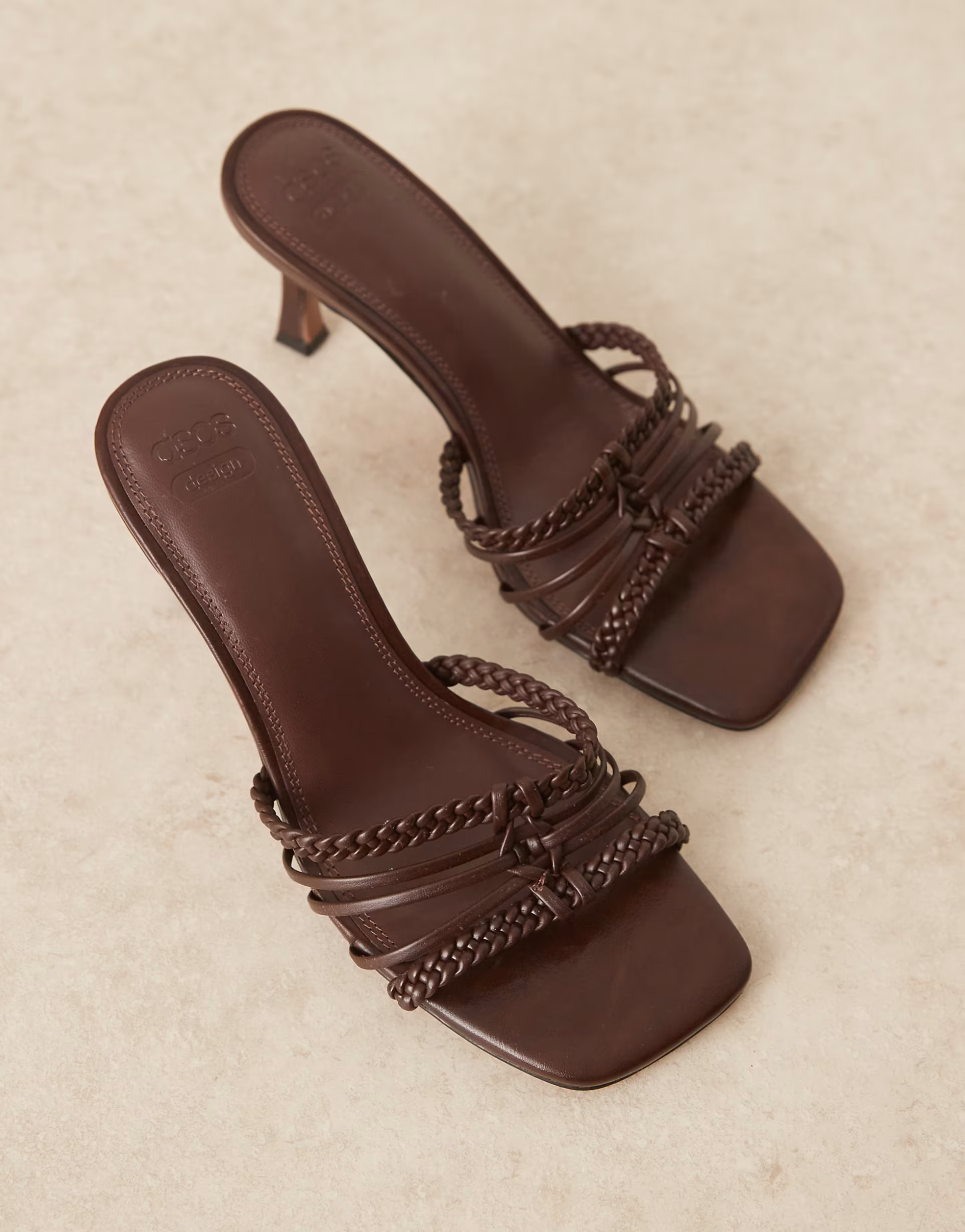 ASOS DESIGN Hazel plaited cage mid heeled mule in chocolate | ASOS | ASOS (Global)