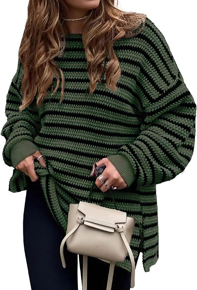 KIRUNDO Winter Women's Oversized Long Sleeve Striped Sweater Casual Crewneck Side Split Tunic Pul... | Amazon (US)
