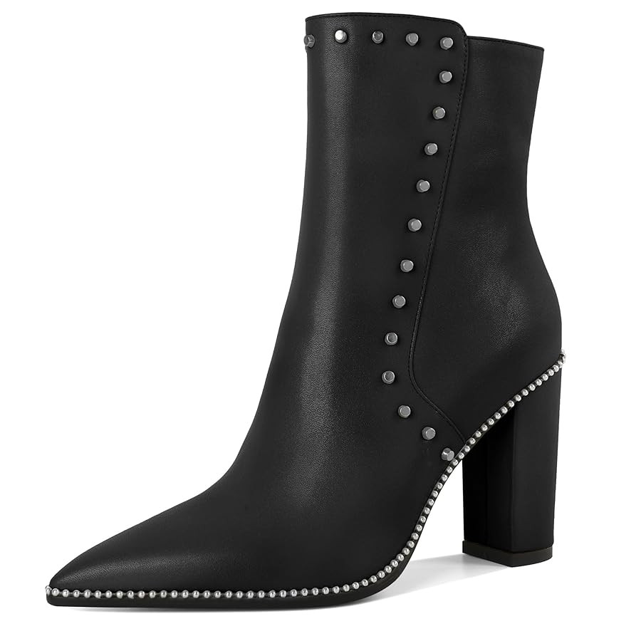 YODEKS Womens Ankle Booties 3.7 Inch Heel Chunky Boots Rivet Beaded Studded Pointed Toe Side Zipp... | Amazon (US)