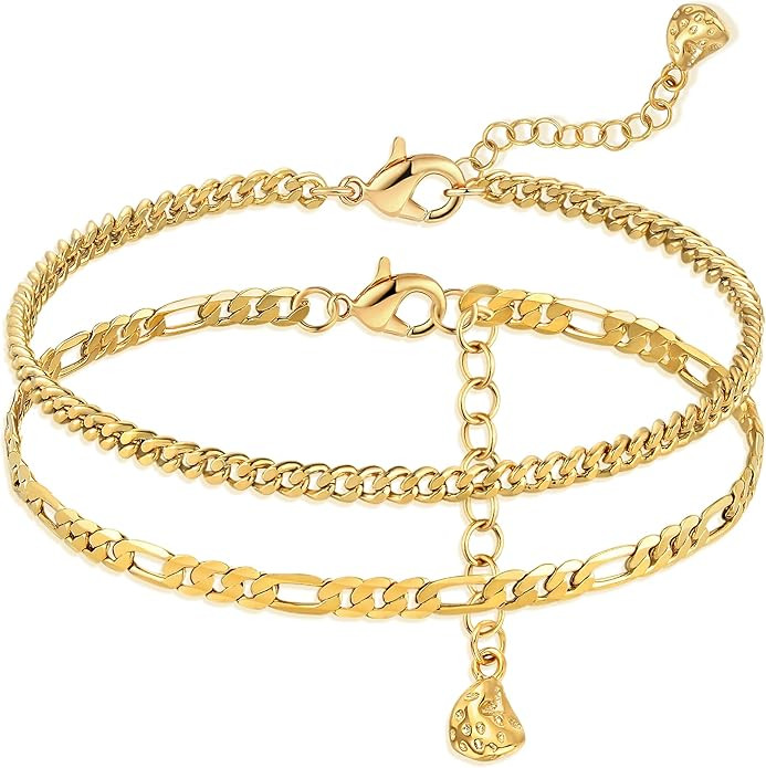 Gold Bracelets for Women 18K Gold Plated Dainty Layered Herringbone/Cuban/Figaro/Snake Chain Adju... | Amazon (US)