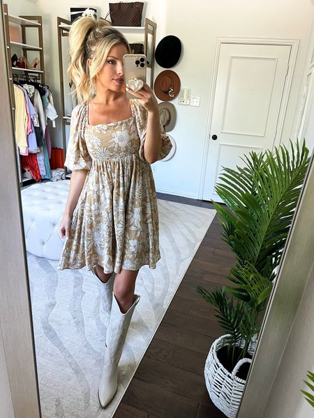 Macy25 for 25% off! The post. Spring dress. Spring style. Floral dress. Cowboy boots 