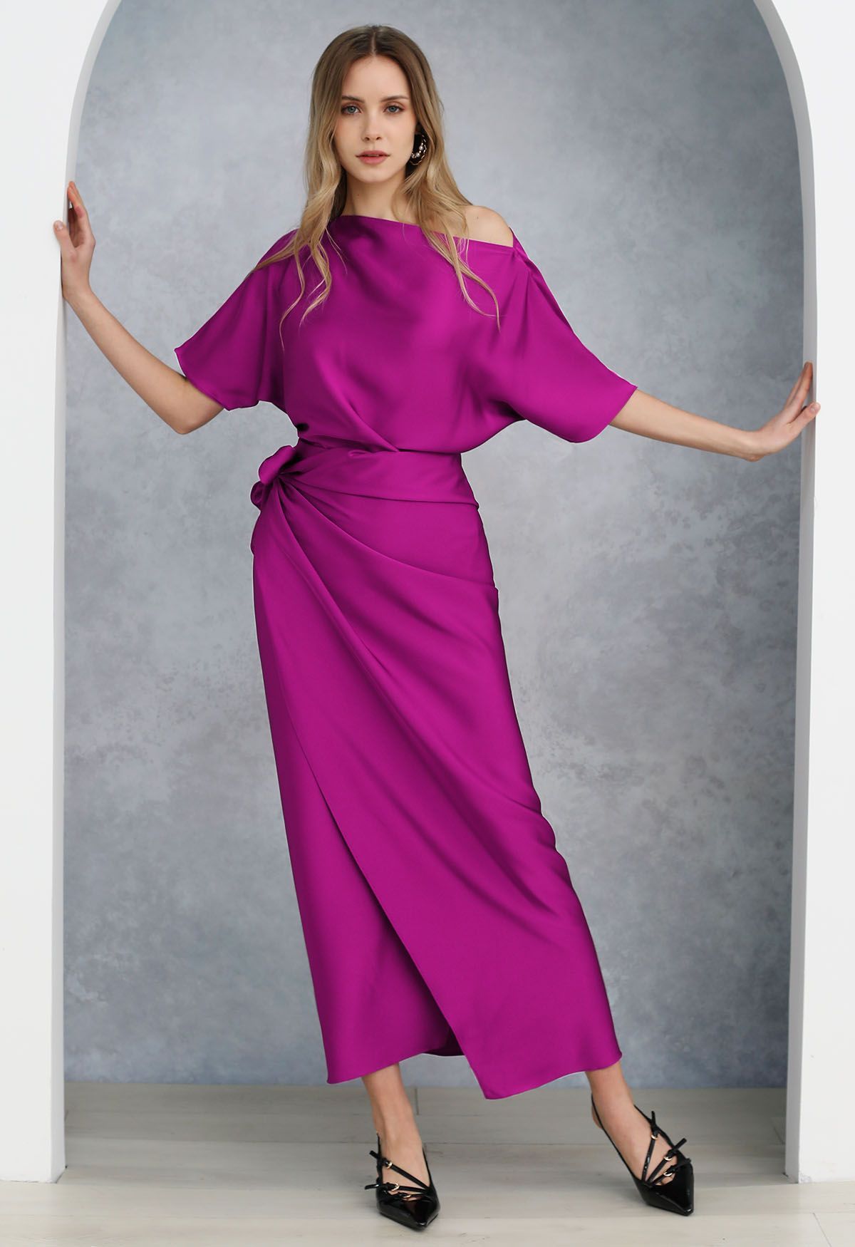 Satin Short-Sleeve Wrapped Waist Maxi Dress in Magenta | Chicwish