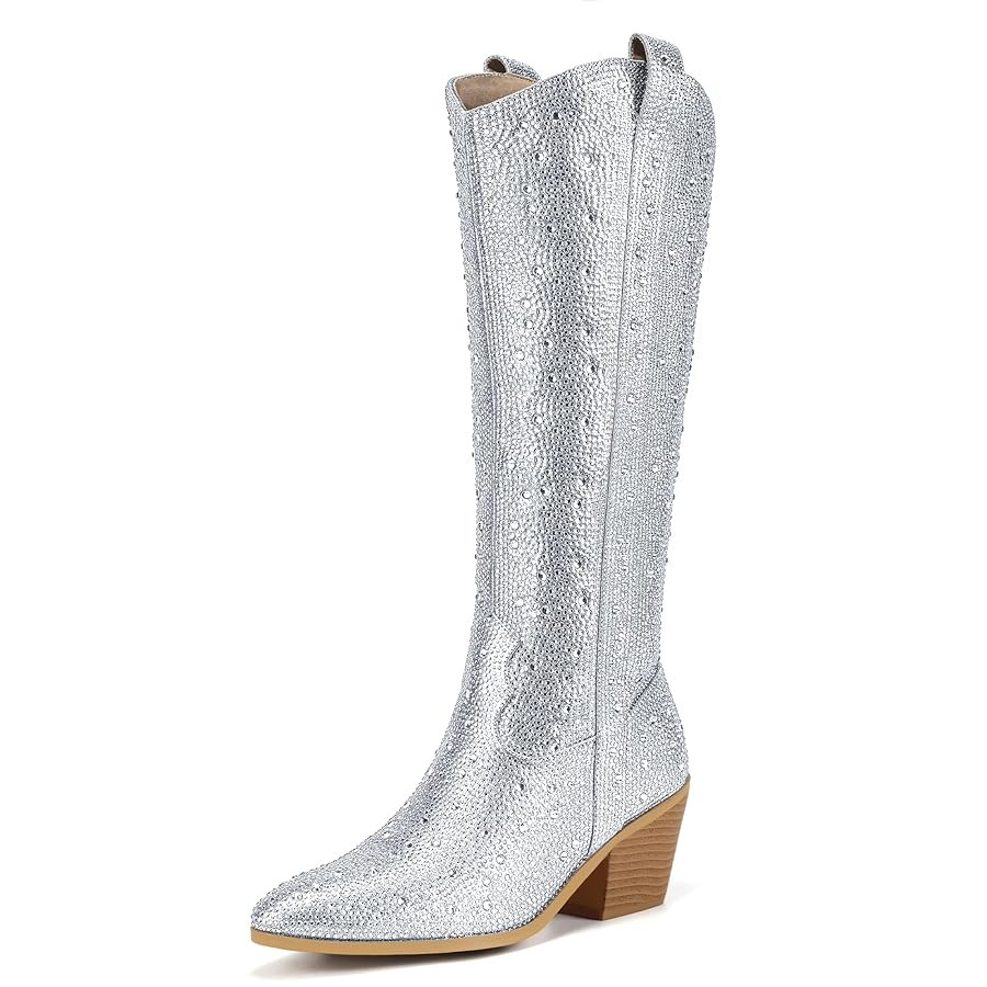 IDIFU IN3 Rhinestone Cowboy Boots For Women Knee High Western Cowgirl Boots Pointed Toe Block Chu... | Amazon (US)