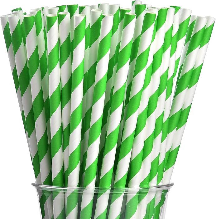 ALINK 100 Green and White Striped Paper Straws, Biodegradable Disposable Drinking Straws for Smoo... | Amazon (US)