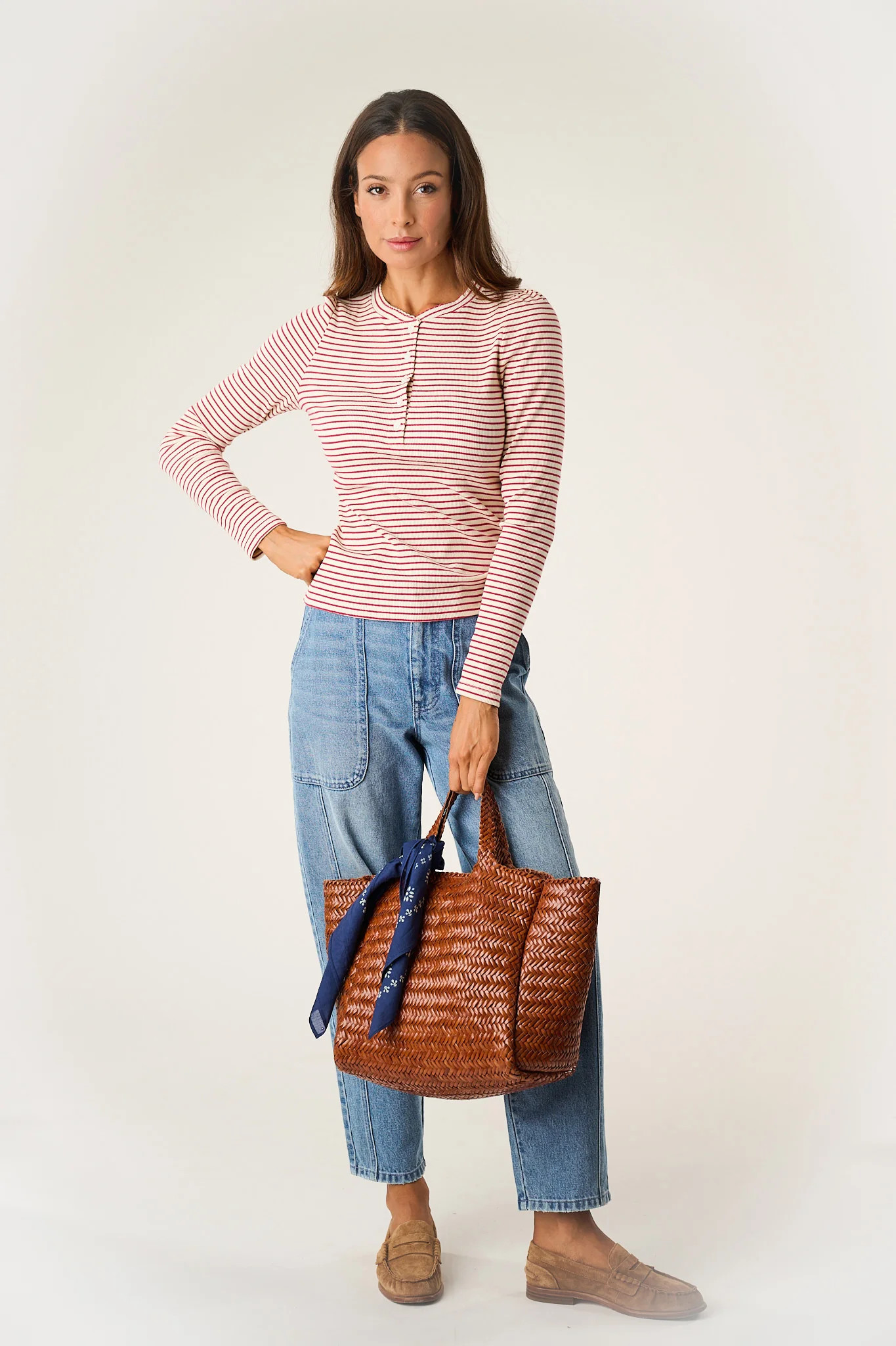 Puff Sleeve Henley - Ivory/Burgundy Stripe | Marea