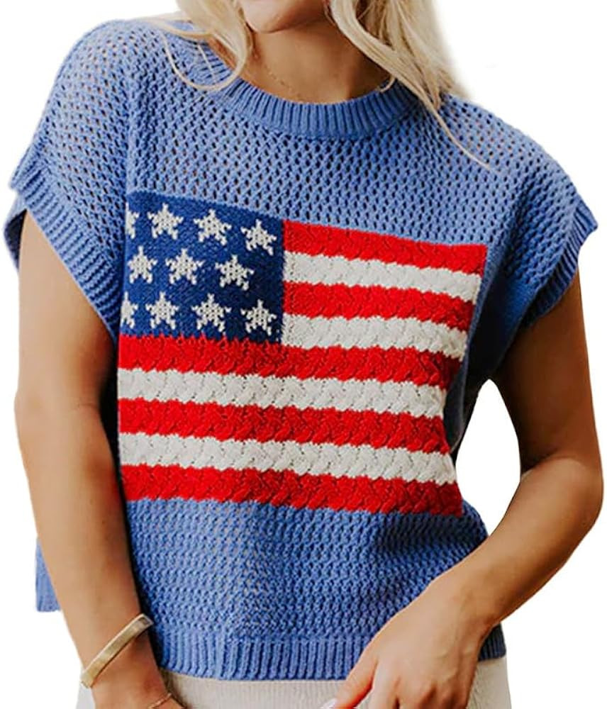 Women Short Sleeve Flag Sweater Vest American Flag Crew Neck Vest Patriotic Knit Top for Summer 4... | Amazon (US)