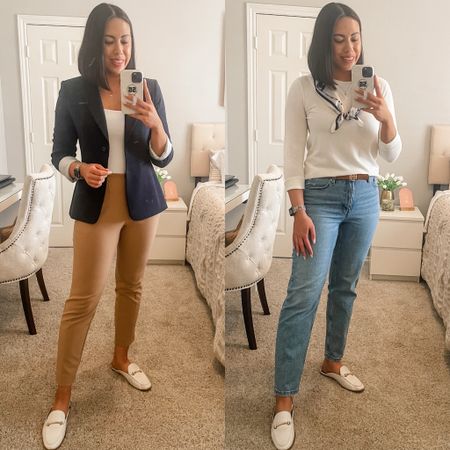 Spring Outfits of the Week: Monday - Wednesday 

Thursday - Office
- Navy Blazer: Size 6 
- Scoop Neck Bodysuit: Size Medium 
- Camel Pants: Sold Out - Linked Similar
- White Mules: Size 8 1/2 - Sized Up Half Size

Friday - Work From Home 
- Silk Scarf:
- Cream Sweater - Size Medium 
- Straight Jeans: Size 27/4
- Tan Belt: Sold Out
- White Mules: Size 8 1/2 - Sized Up Half Size

#LTKstyletip #LTKSeasonal #LTKworkwear