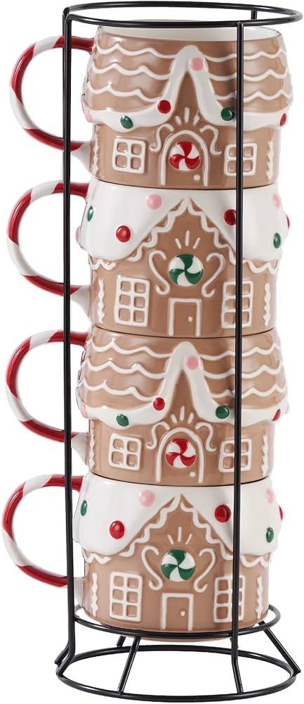 4-Pack 11.5 Oz Gingerbread House Stacking Mugs, Festive Stoneware Holiday Drinkware (Gingerbread ... | Amazon (US)