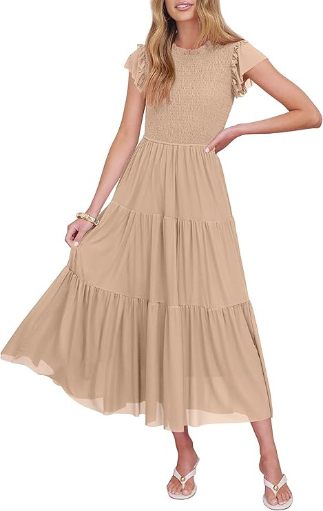 Caracilia Womens Summer Casual Tulle Midi Dresses Ruffle Sleeve Crew Neck Smocked Mesh 2026 Flowy... | Amazon (US)