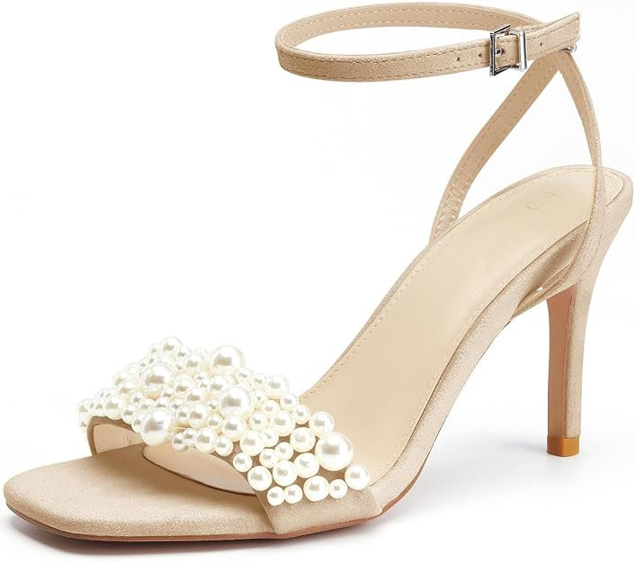 Coutgo Women's Open Toe Heeled Sandals Pearl Strap Stiletto Heel Ankle Buckle Strap Summer Shoes ... | Amazon (US)