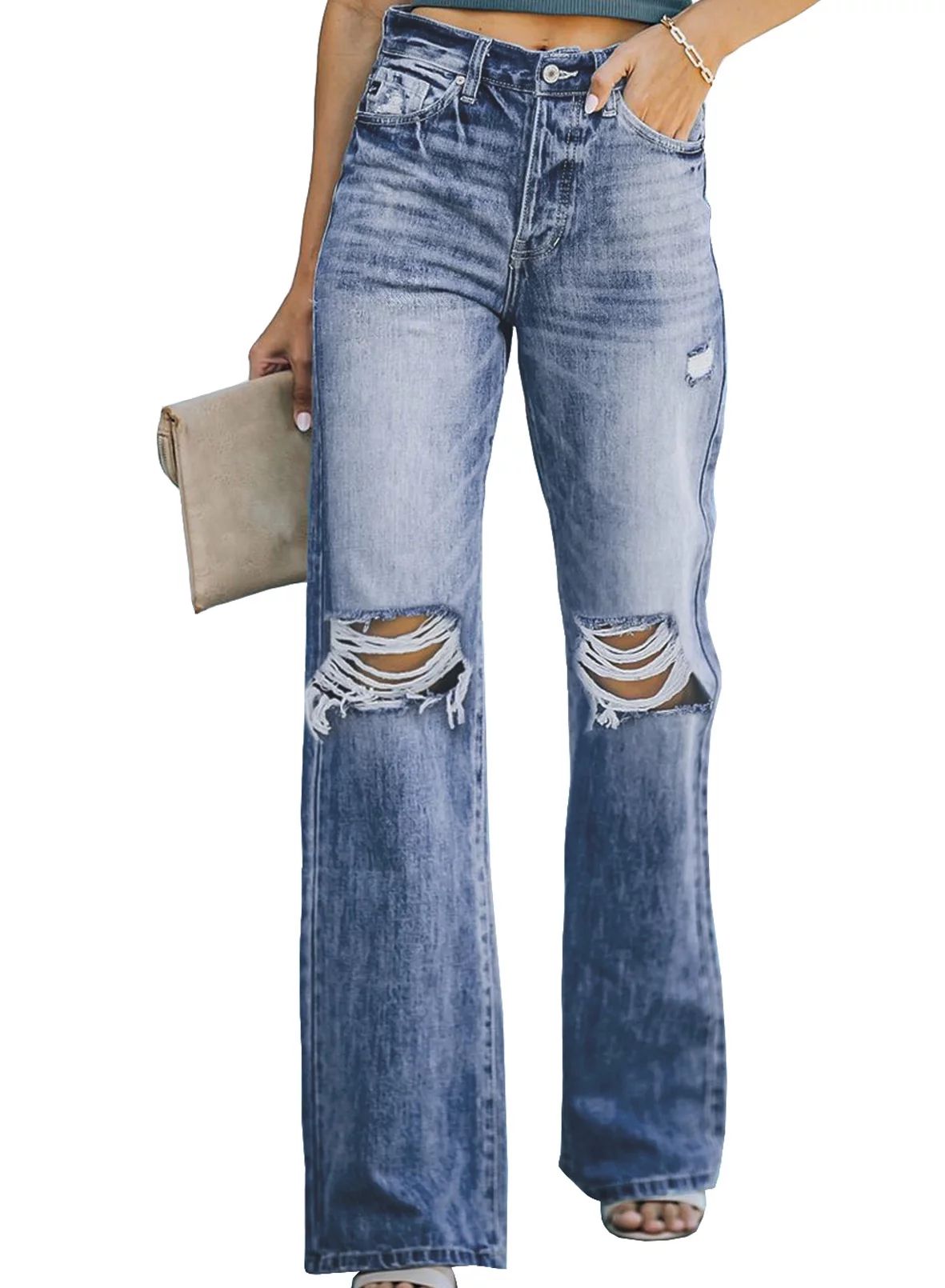 Aleumdr Women's High Waisted Jeans Butt Lift Stretch Ripped Jeans Juniors Girls Blue Distressed D... | Walmart (US)