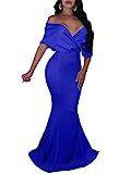 GOBLES Women Sexy V Neck Off The Shoulder Evening Gown Fishtail Maxi Dress Royal Blue | Amazon (US)