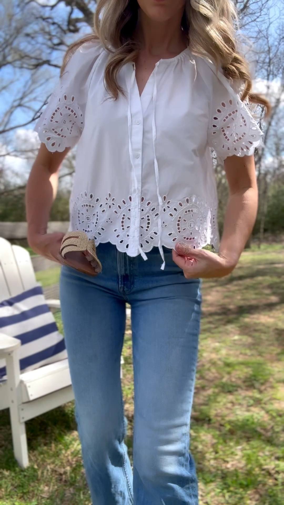 I adore this white eyelet top for spring! So crisp and classy! Wearing XS. These jeans are also a favorite and I love the color for spring! Mom summer style, Easter outfit, spring outfit, summer outfit, classic jeans, mother jeans. 

#LTKootd #LTKTravel #LTKmomlife