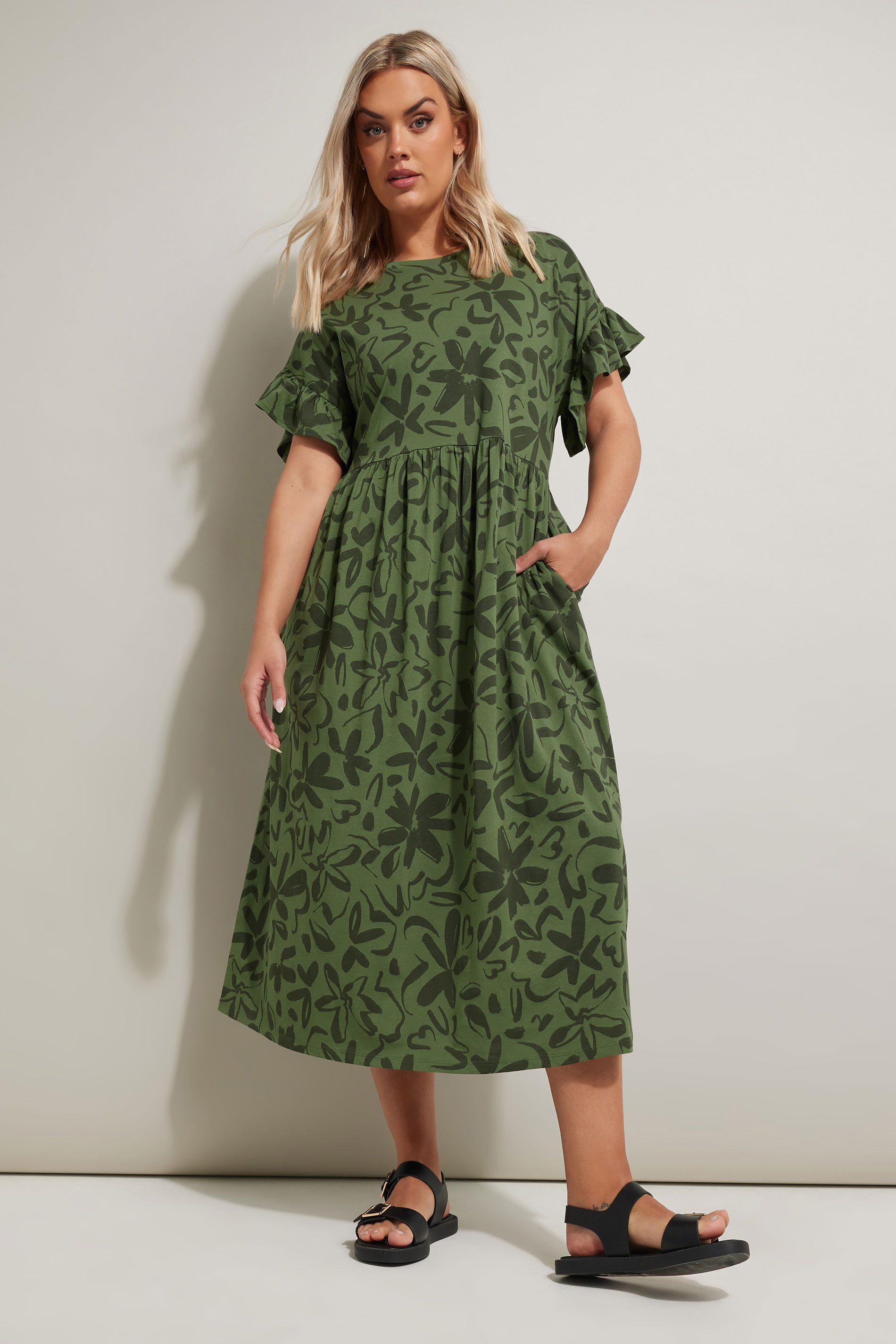 YOURS Plus Size Khaki Green Floral Frill Cotton Midaxi Dress | Yours Clothing UK