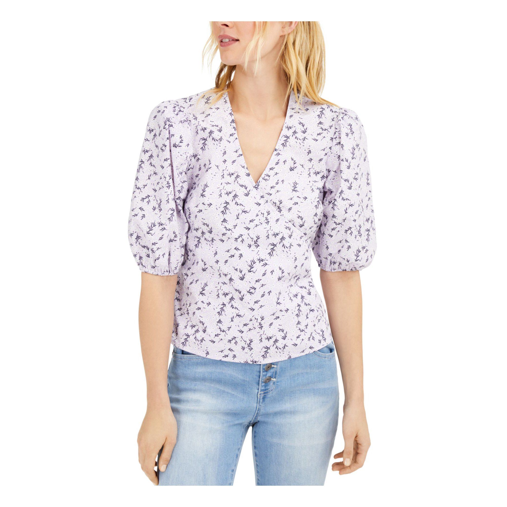 INC Womens Purple Tie Floral Short Sleeve V Neck Wrap Top  Size S | Walmart (US)