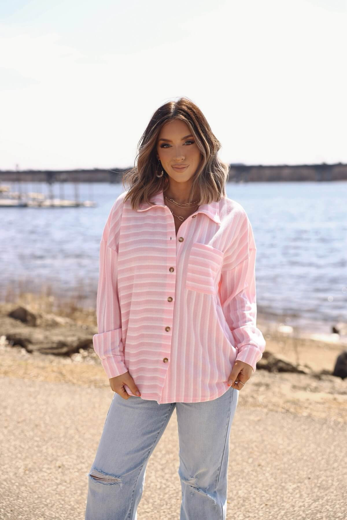 Glenn Pink and White Striped Button Down Top | Magnolia Boutique